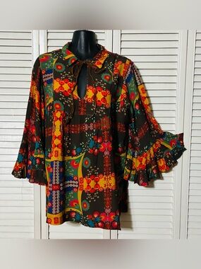Ivy Jane SM Brown Floral Patchwork Peasant Tunic with Ruffled bell Sleeves